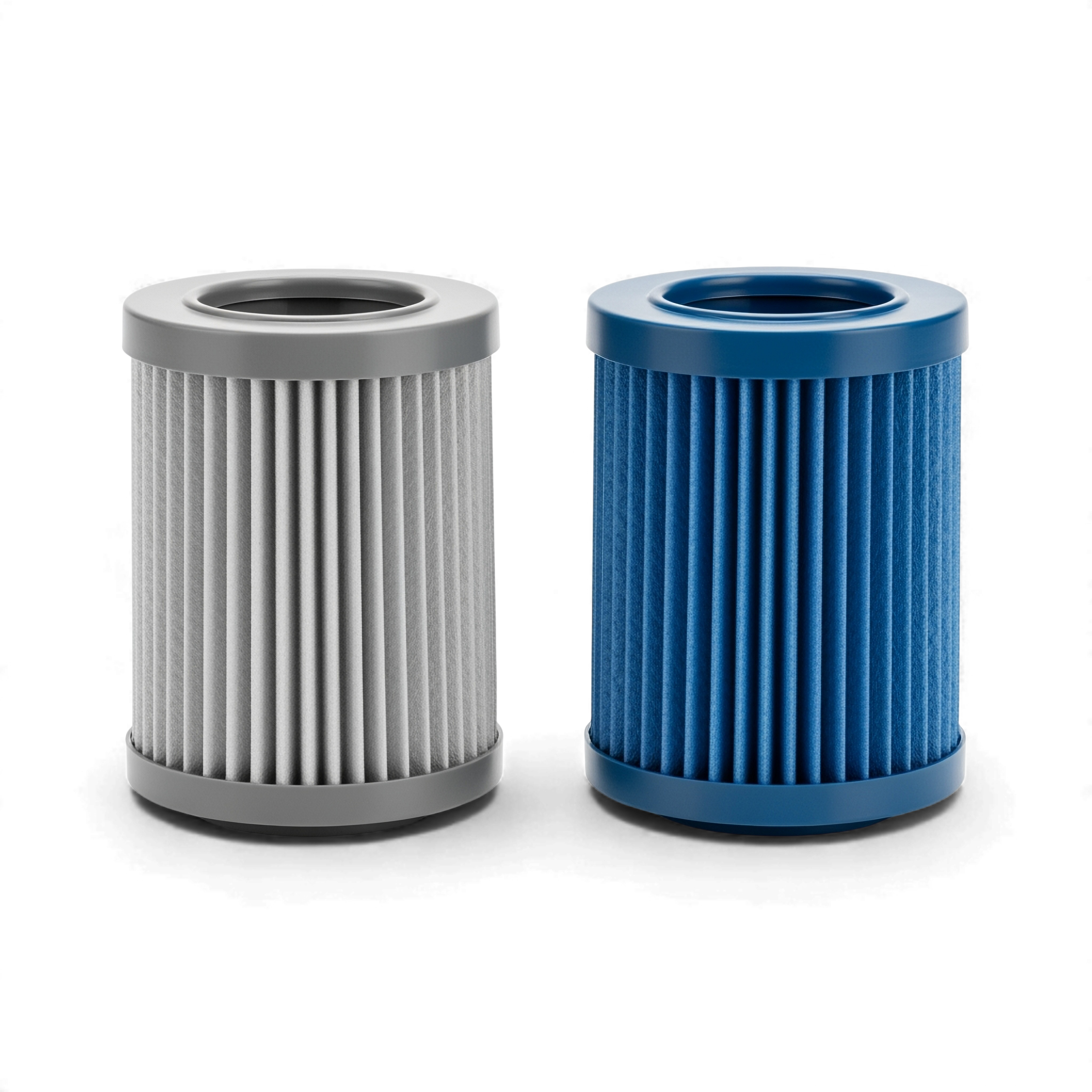 Two pleated cylindrical air filter cartridges, one white and one blue, isolated on transparent background