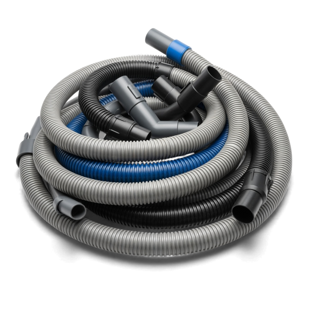 Coiled vacuum cleaner hose set with connectors, gray and black with blue section, replacement flexible hose