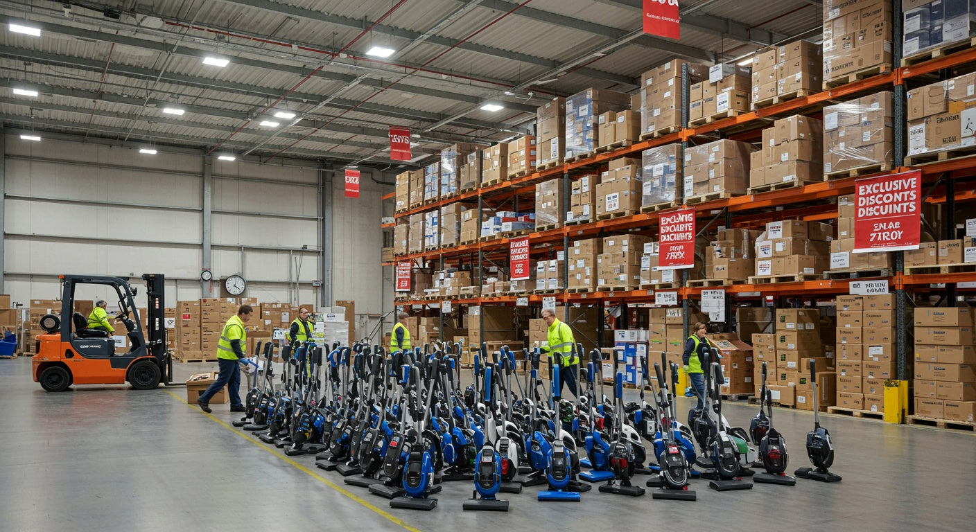 Warehouse workers staging electric scooters for shipment beside a forklift and stacked pallets in a distribution center